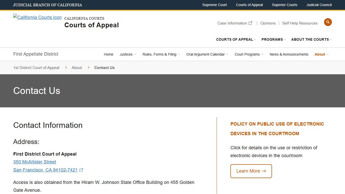 Contact Us | First Appellate District | District Courts of Appeal