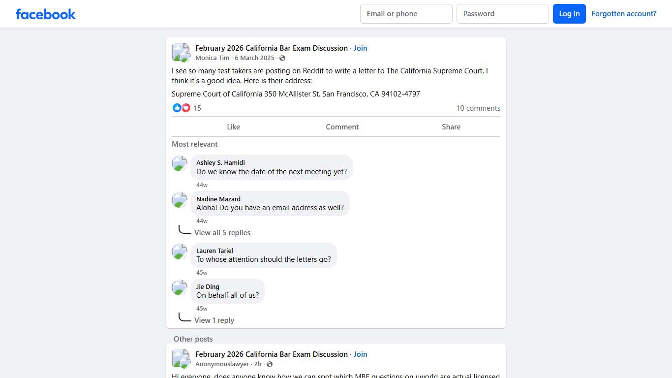 February 2026 California Bar Exam Discussion | I see so many test takers are posting on Reddit to write a letter to The California Supreme Court | Facebook